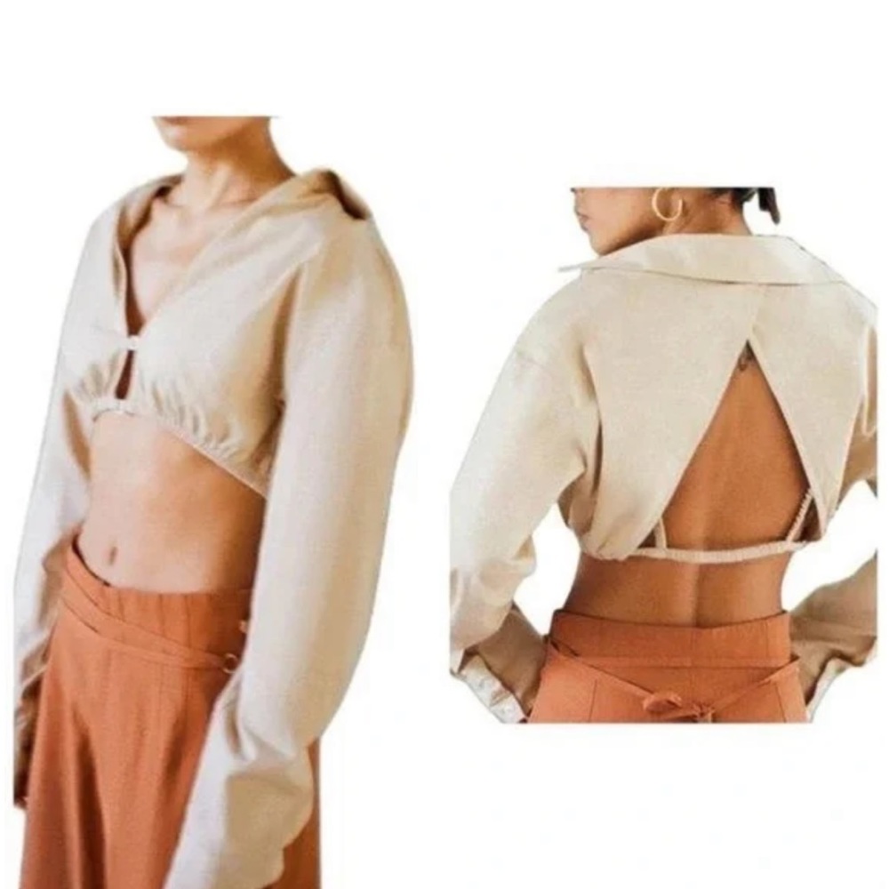 Zara Khaki cropped cut out long sleeve shirt